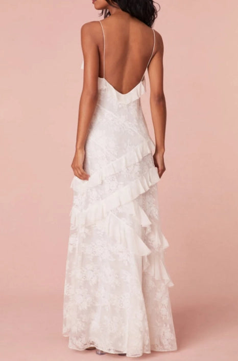 Ivory Lace A Line V Neck Low Back Floor Length Dress Back View - Jimiss