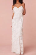 Ivory Lace A Line V Neck Low Back Floor Length Dress Front View - Jimiss