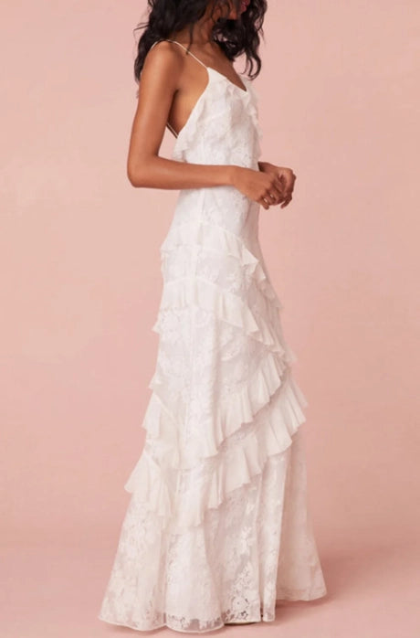 Ivory Lace A Line V Neck Low Back Floor Length Dress - Jimiss