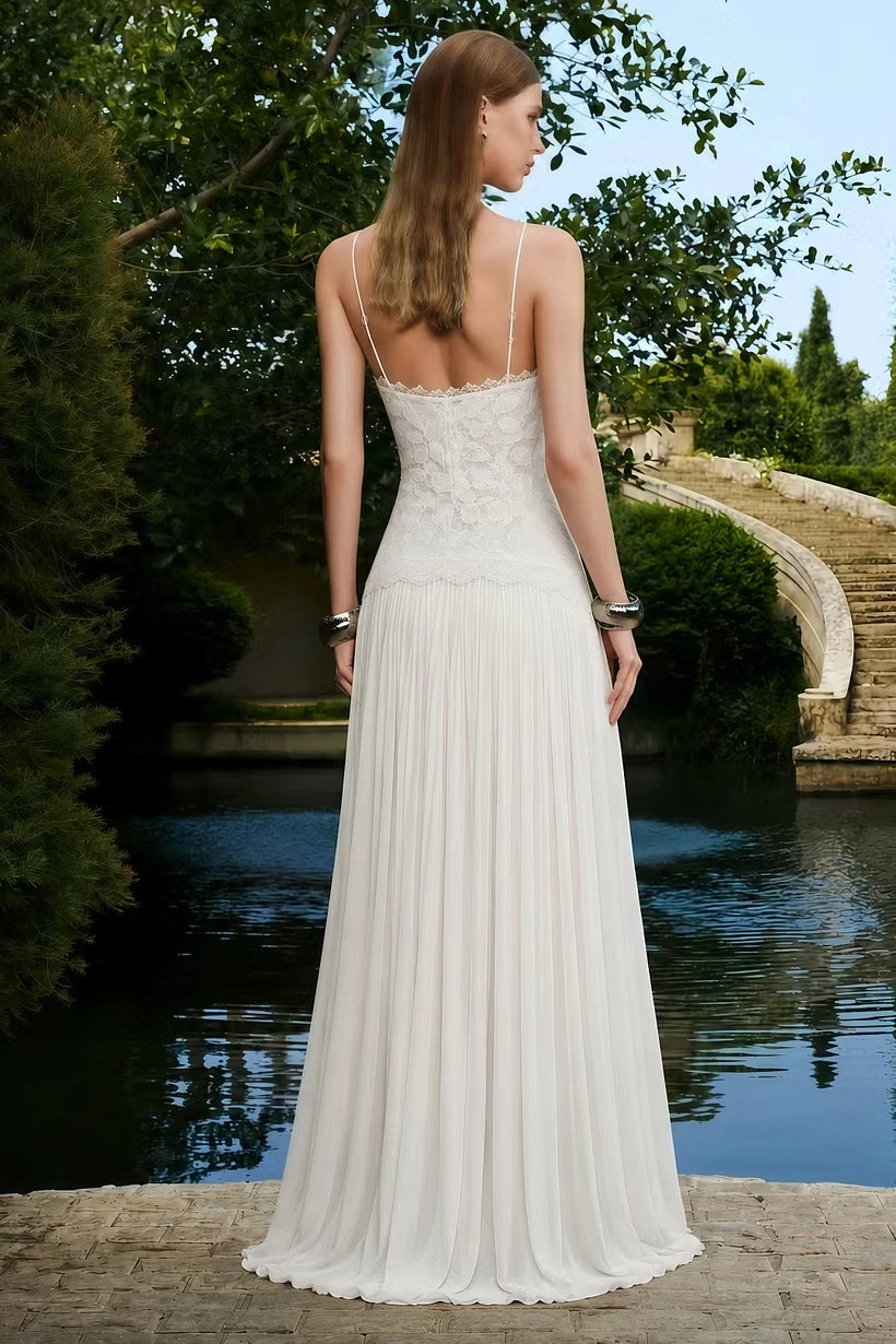 Ivory Lace and Chiffon A-Line Halter Low Back Floor-Length Dress Back View - Jimiss
