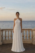 Ivory Lace and Chiffon A-Line Halter Low Back Floor-Length Dress Front View - Jimiss