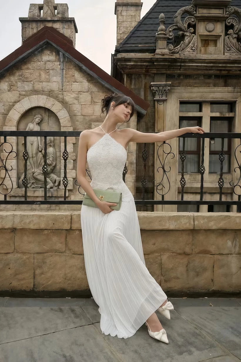 Ivory Lace and Chiffon A-Line Halter Low Back Floor-Length Dress Front View - Jimiss