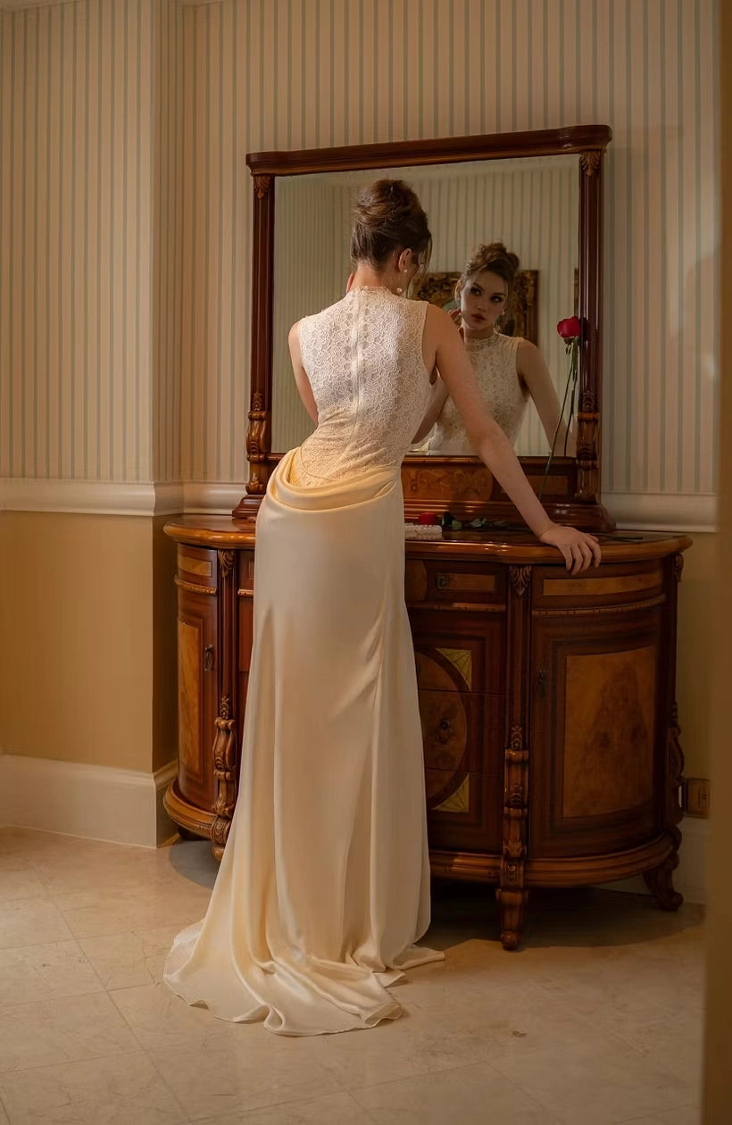 Ivory Lace & Satin sheath-column high-neck high-back floor-length Dress Back View - Jimiss