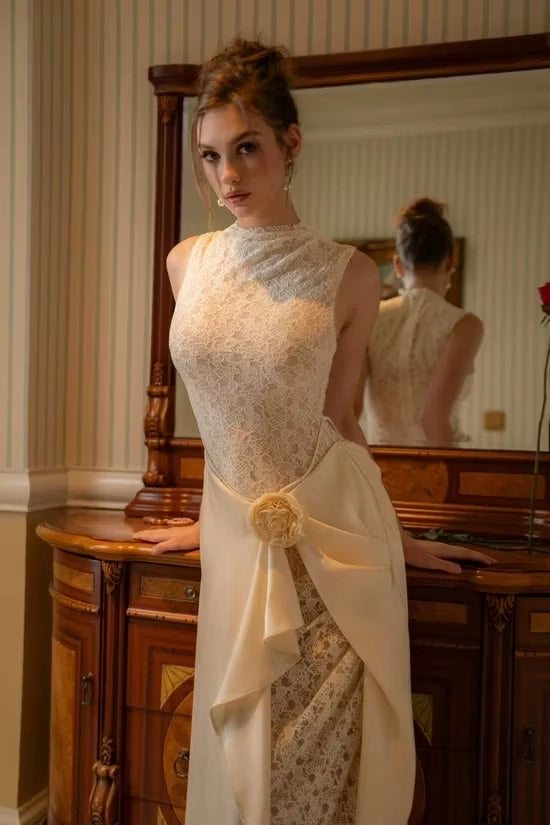 Ivory Lace & Satin sheath-column high-neck high-back floor-length Dress Detail - Jimiss