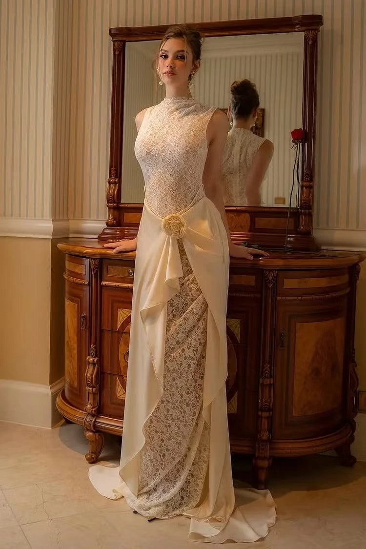 Ivory Lace & Satin sheath-column high-neck high-back floor-length Dress Front View - Jimiss