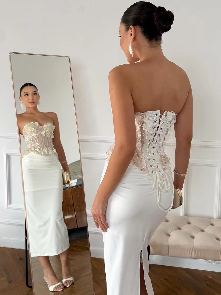 Ivory Mesh Satin Sheath Column Sweetheart Lace Up Back Ankle Length Dress Back View - Jimiss