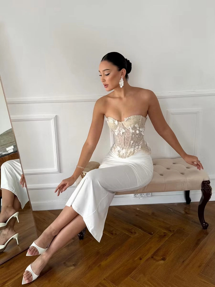 Ivory Mesh Satin Sheath Column Sweetheart Lace Up Back Ankle Length Dress Detail - Jimiss