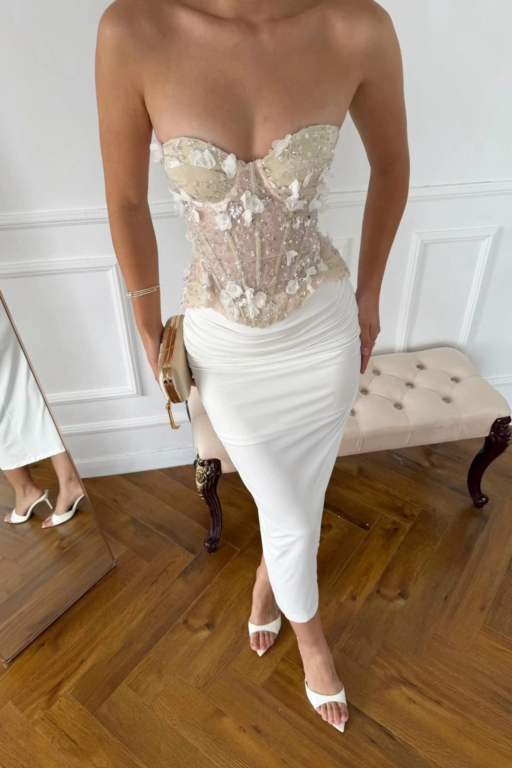 Ivory Mesh Satin Sheath Column Sweetheart Lace Up Back Ankle Length Dress Front View - Jimiss