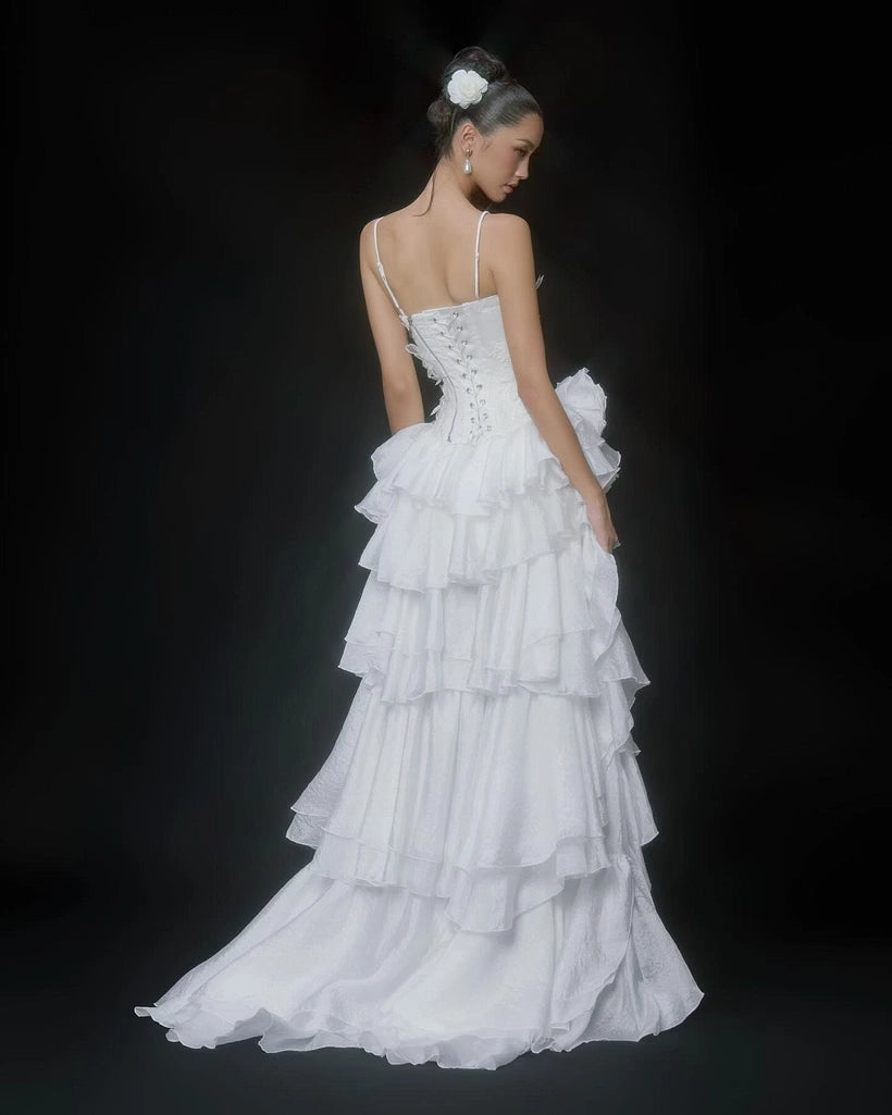 Ivory Organza Tiered Sweetheart Lace-Up Back High Low Dress - Jimiss