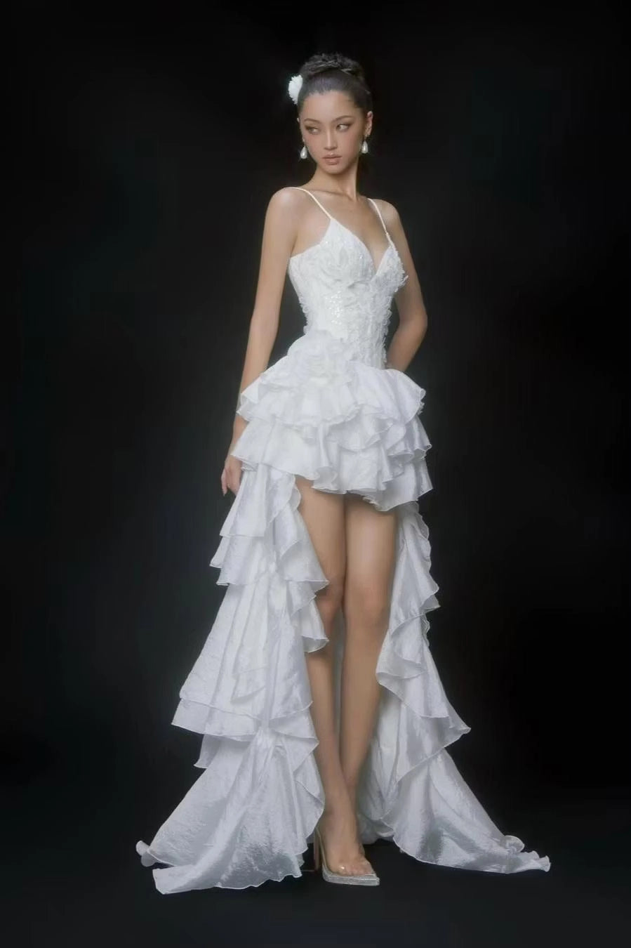 Ivory Organza Tiered Sweetheart Lace-Up Back High Low Dress - Jimiss