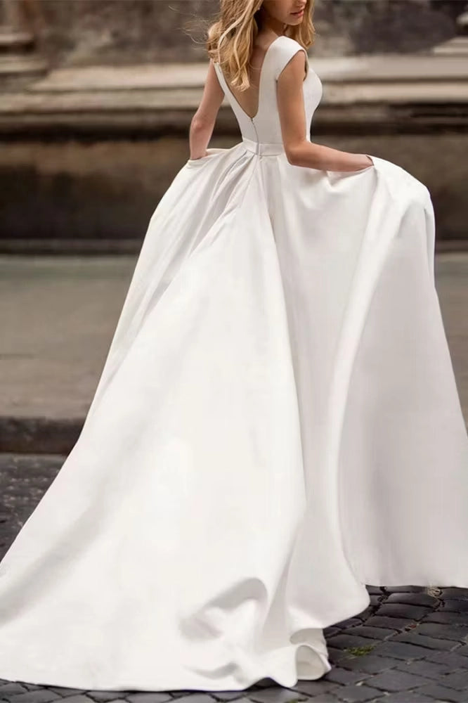 Ivory Satin A-Line Boat Neck Low V-Back Floor-Length Dress Back View - Jimiss