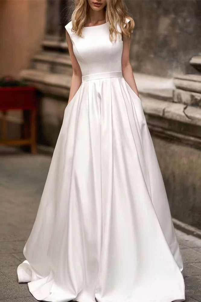 Ivory Satin A-Line Boat Neck Low V-Back Floor-Length Dress Front View - Jimiss