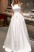 Ivory Satin A-Line Boat Neck Low V-Back Floor-Length Dress Front View - Jimiss