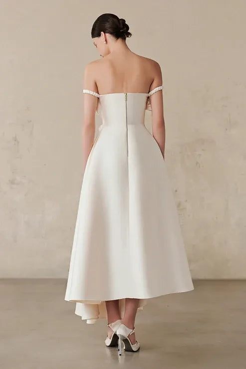 Ivory Satin A-Line Off-the-Shoulder Back Zip Tea-Length Dress Back View - Jimiss