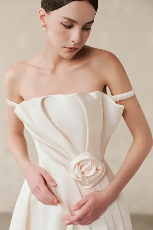 Ivory Satin A-Line Off-the-Shoulder Back Zip Tea-Length Dress Detail - Jimiss