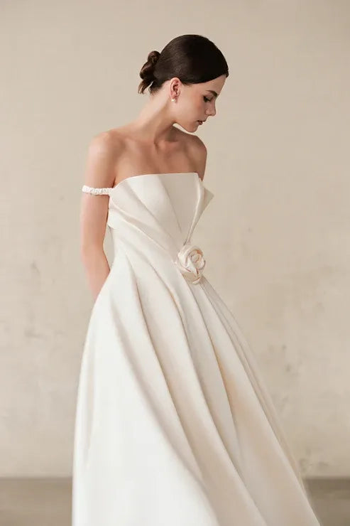 Ivory Satin A-Line Off-the-Shoulder Back Zip Tea-Length Dress Detail - Jimiss