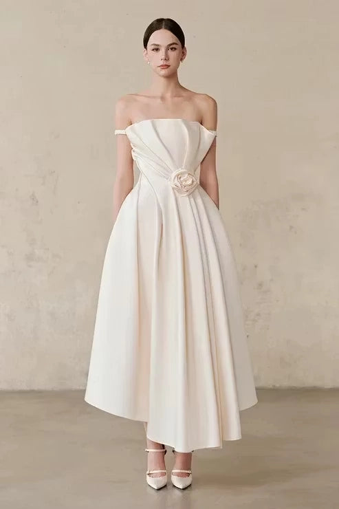 Ivory Satin A-Line Off-the-Shoulder Back Zip Tea-Length Dress Front View - Jimiss