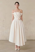 Ivory Satin A-Line Off-the-Shoulder Back Zip Tea-Length Dress Front View - Jimiss