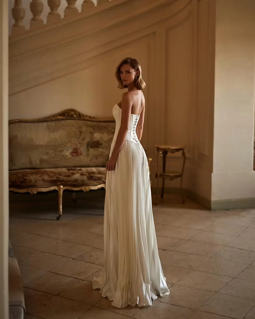Ivory Satin A-Line Strapless Lace-up Back Floor-Length Dress Back View - Jimiss