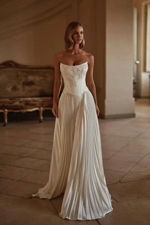 Ivory Satin A-Line Strapless Lace-up Back Floor-Length Dress Front View - Jimiss
