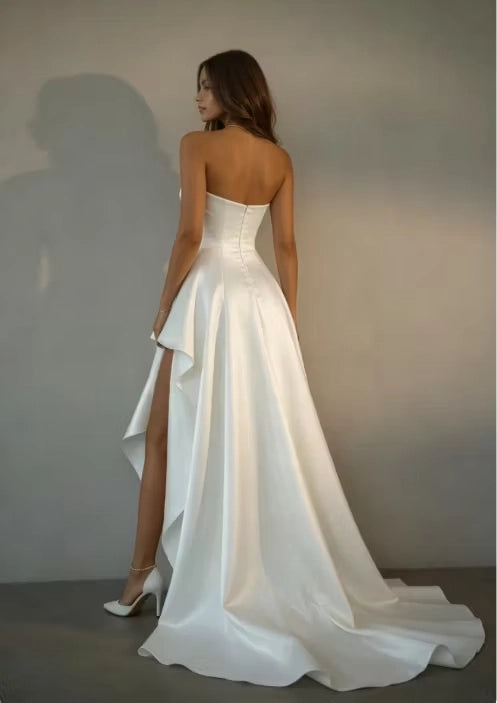 Ivory Satin A-Line Sweetheart Zipper Back High-Low Dress Back View - Jimiss