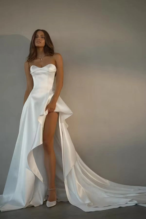 Ivory Satin A-Line Sweetheart Zipper Back High-Low Dress Front View - Jimiss