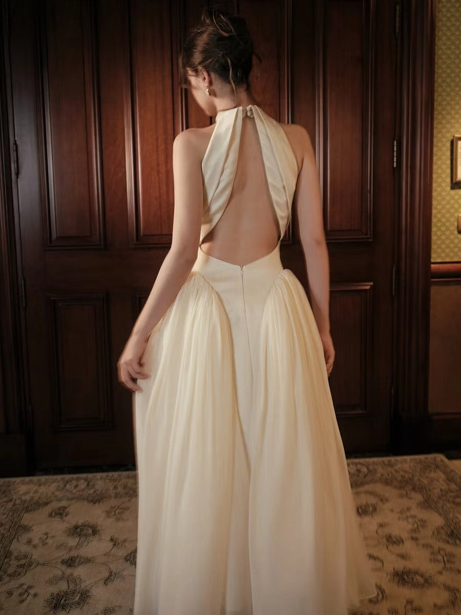 Ivory Satin and Chiffon A-Line Halter Open Back Ankle Length Dress Back View - Jimiss