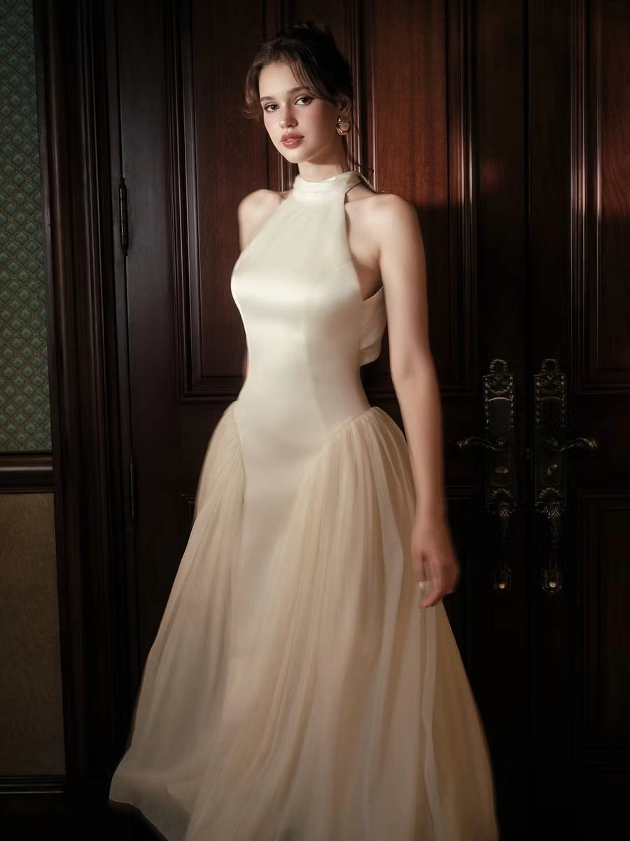 Ivory Satin and Chiffon A-Line Halter Open Back Ankle Length Dress Detail - Jimiss