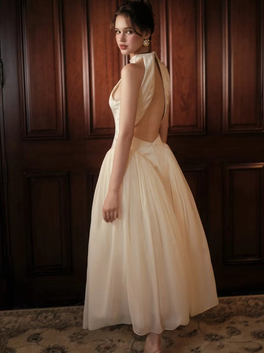 Ivory Satin and Chiffon A-Line Halter Open Back Ankle Length Dress Detail - Jimiss
