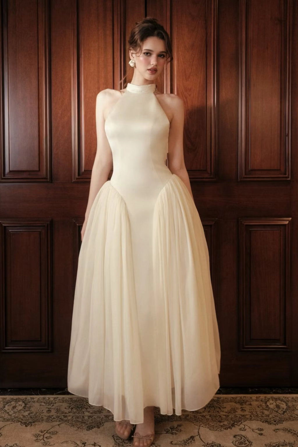Ivory Satin and Chiffon A-Line Halter Open Back Ankle Length Dress Front View - Jimiss