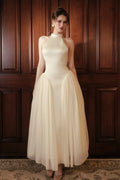 Ivory Satin and Chiffon A-Line Halter Open Back Ankle Length Dress Front View - Jimiss