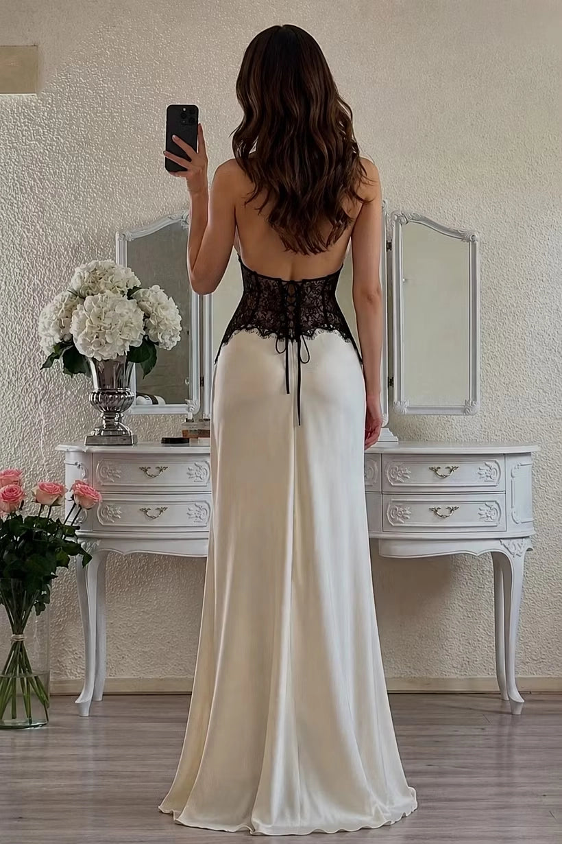 Ivory Satin and Lace Sheath Column Halter Lace-up Back Floor-Length Dress Back View - Jimiss
