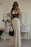 Ivory Satin and Lace Sheath Column Halter Lace-up Back Floor-Length Dress Front View - Jimiss