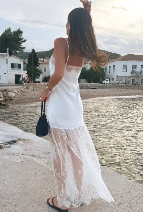 Ivory Satin and Lace sheath-column straight-across low-back floor-length Dress Back View - Jimiss