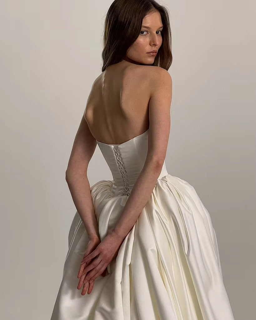 Ivory Satin ball-gown straight-across lace-up-back floor-length Dress Back View - Jimiss