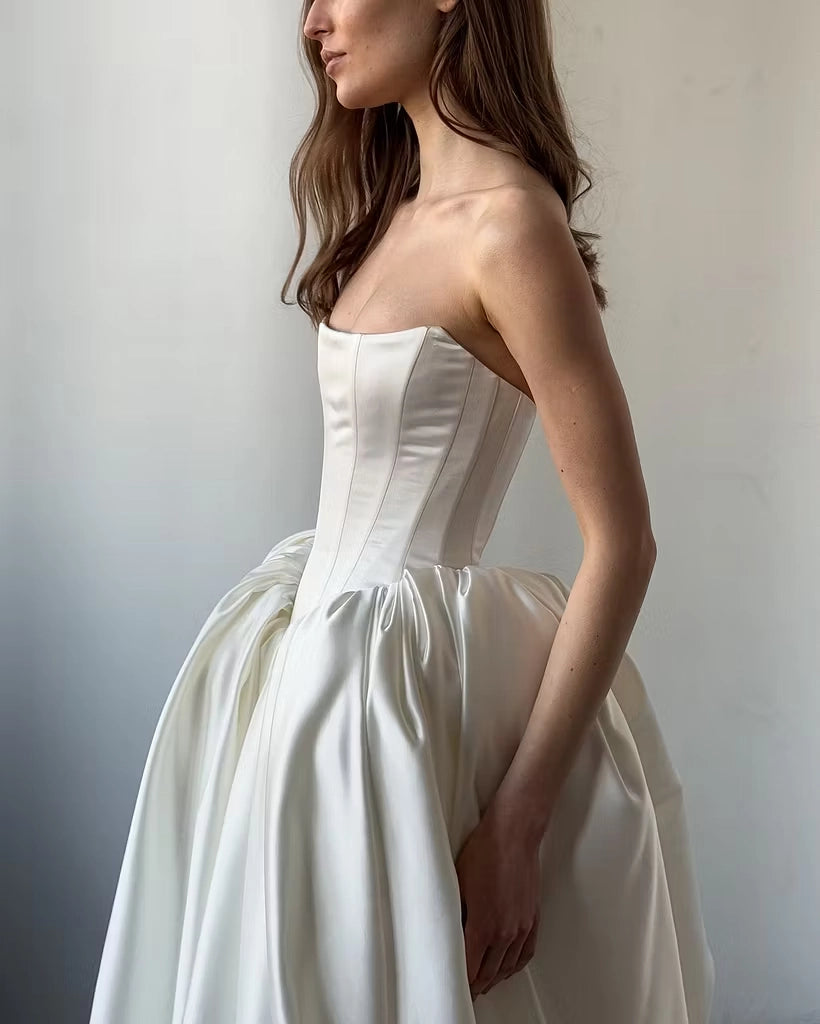 Ivory Satin ball-gown straight-across lace-up-back floor-length Dress Detail - Jimiss