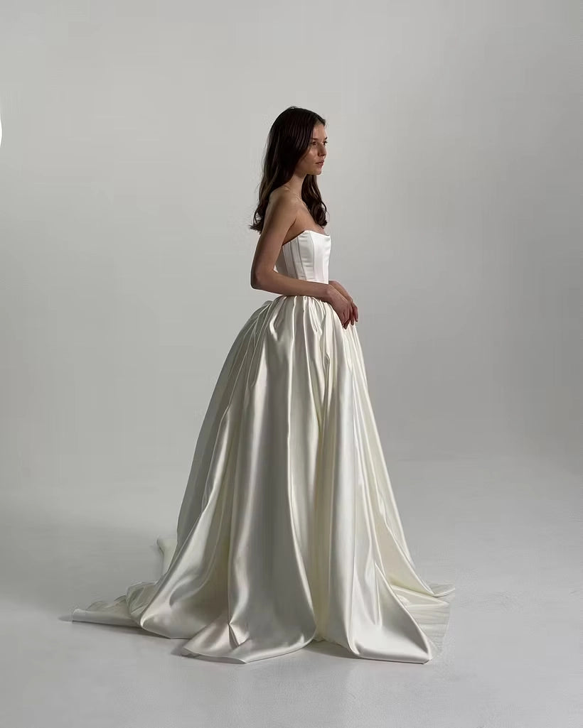 Ivory Satin ball-gown straight-across lace-up-back floor-length Dress Detail - Jimiss