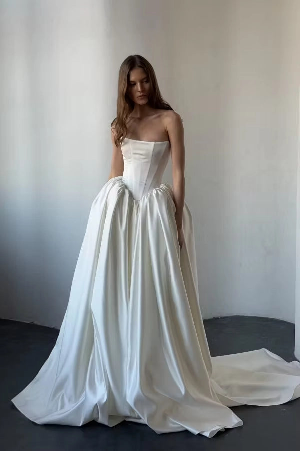 Ivory Satin ball-gown straight-across lace-up-back floor-length Dress Front View - Jimiss