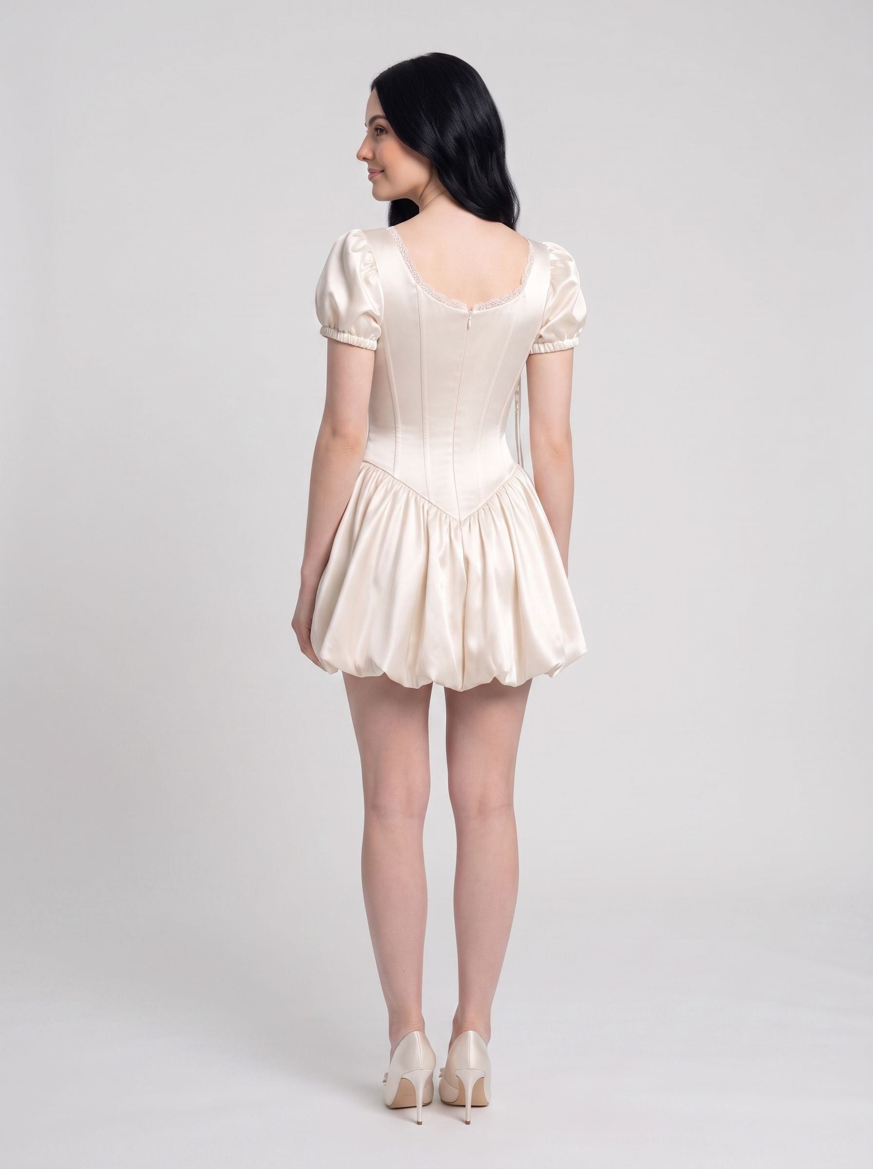 Ivory Satin Bubble Cowl Neck Scoop Back with Zipper Mini Dress Back View - Jimiss