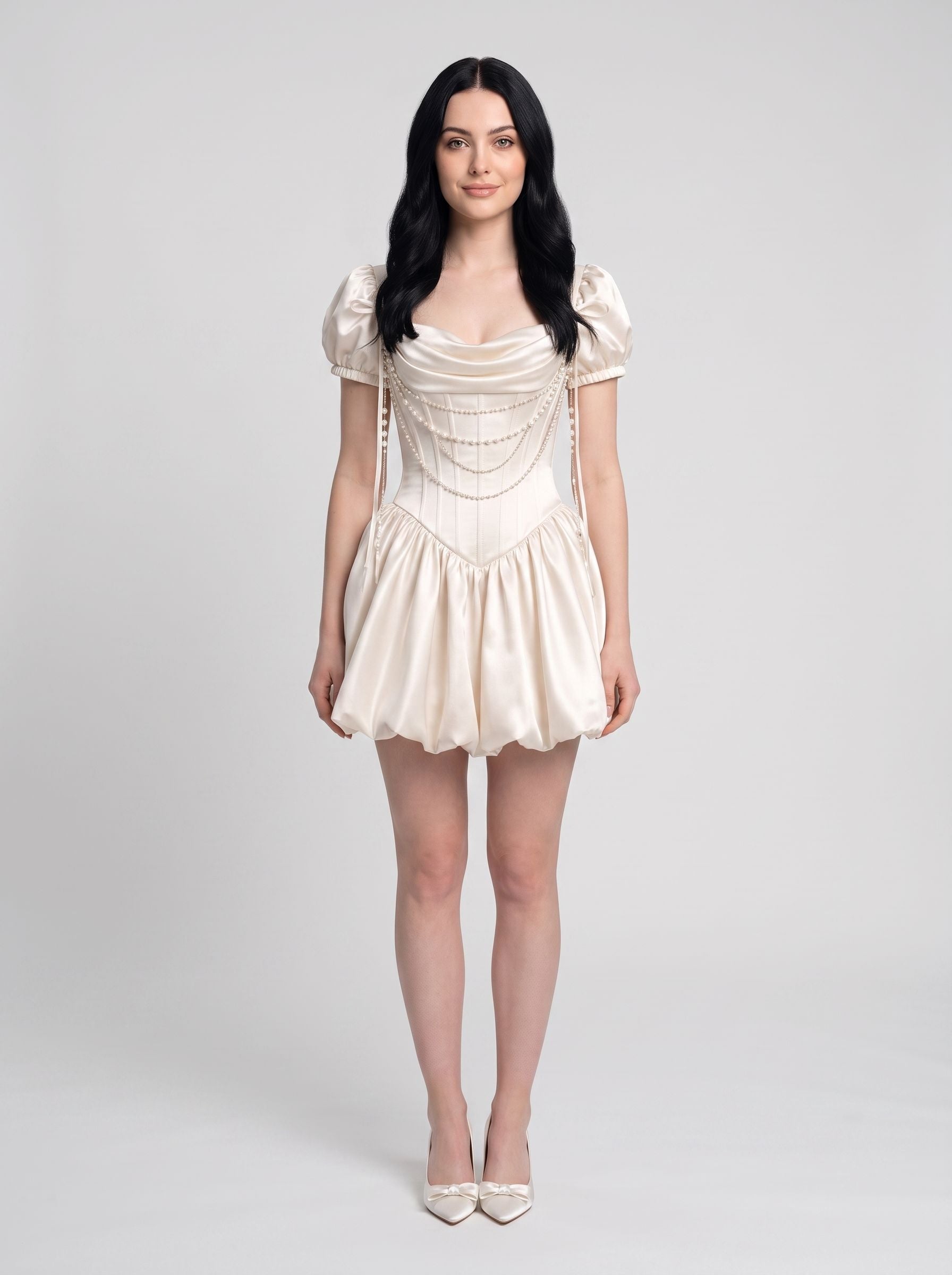 Ivory Satin Bubble Cowl Neck Scoop Back with Zipper Mini Dress Front View - Jimiss