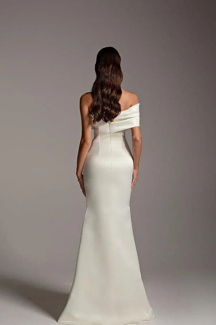 Ivory Satin Mermaid Off The Shoulder Zipper Back Floor Length Dress Back View - Jimiss