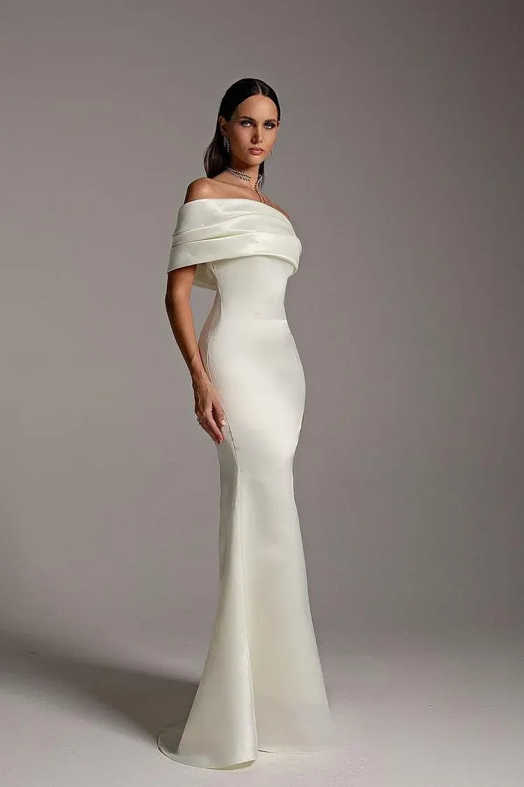 Ivory Satin Mermaid Off The Shoulder Zipper Back Floor Length Dress Detail - Jimiss