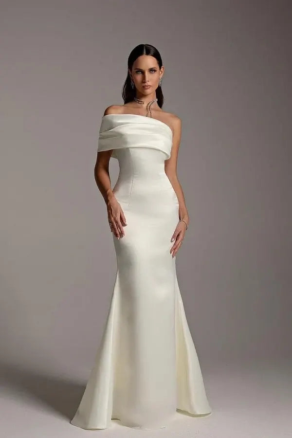 Ivory Satin Mermaid Off The Shoulder Zipper Back Floor Length Dress Front View - Jimiss