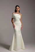 Ivory Satin Mermaid Off The Shoulder Zipper Back Floor Length Dress Front View - Jimiss