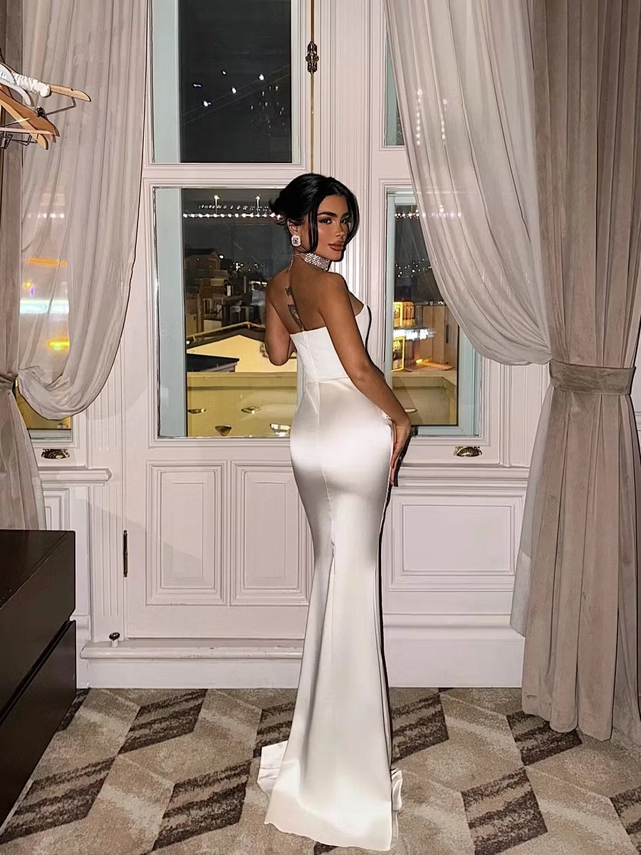 Ivory Satin mermaid straight-across zipper-back floor-length Dress Back View - Jimiss