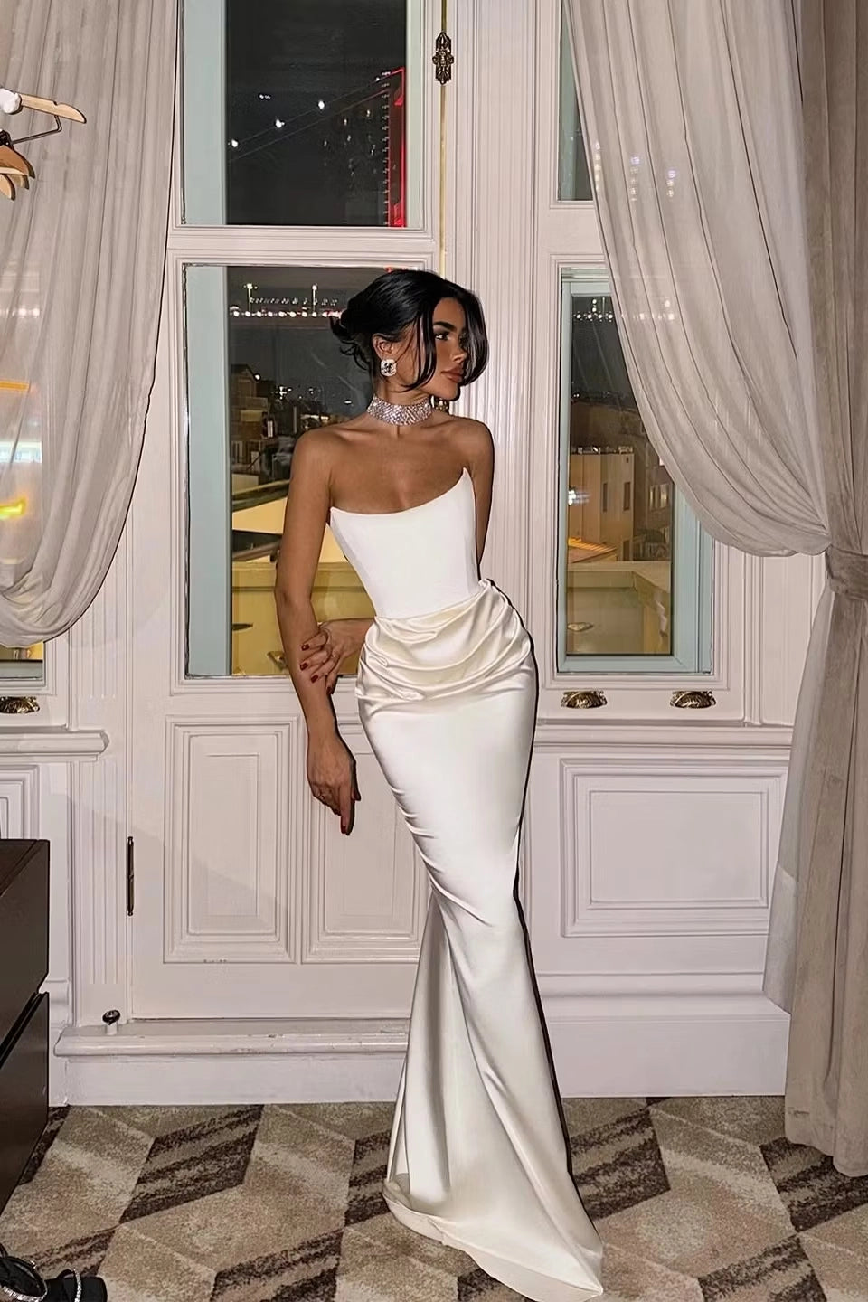 Ivory Satin mermaid straight-across zipper-back floor-length Dress Front View - Jimiss