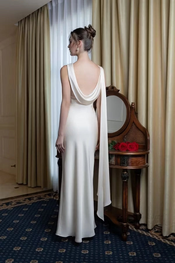 Ivory Satin Sheath Column Boat Neck Low Back with Cowl Drape Floor Length Dress Back View - Jimiss