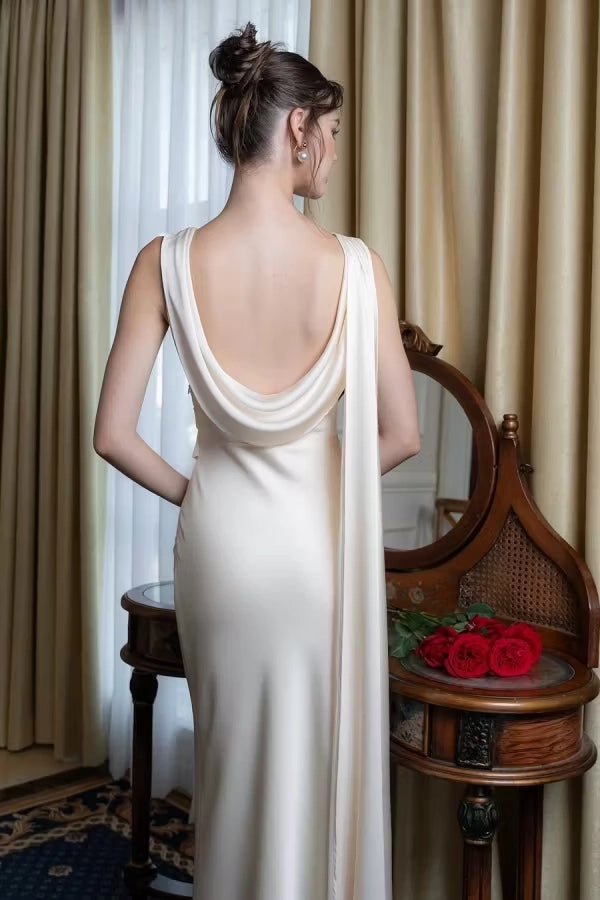 Ivory Satin Sheath Column Boat Neck Low Back with Cowl Drape Floor Length Dress Detail - Jimiss