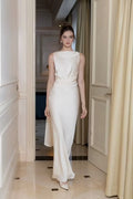 Ivory Satin Sheath Column Boat Neck Low Back with Cowl Drape Floor Length Dress Front View - Jimiss
