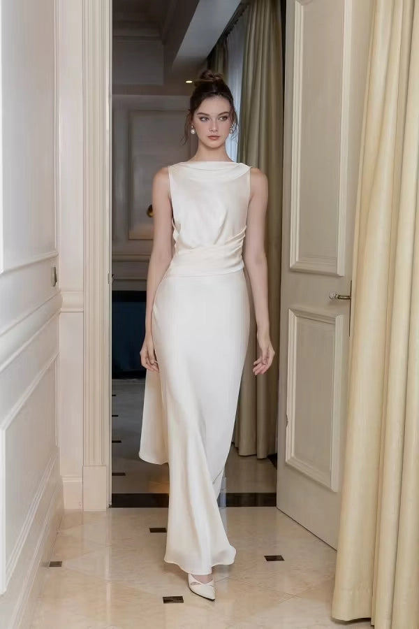 Ivory Satin Sheath Column Boat Neck Low Back with Cowl Drape Floor Length Dress Front View - Jimiss